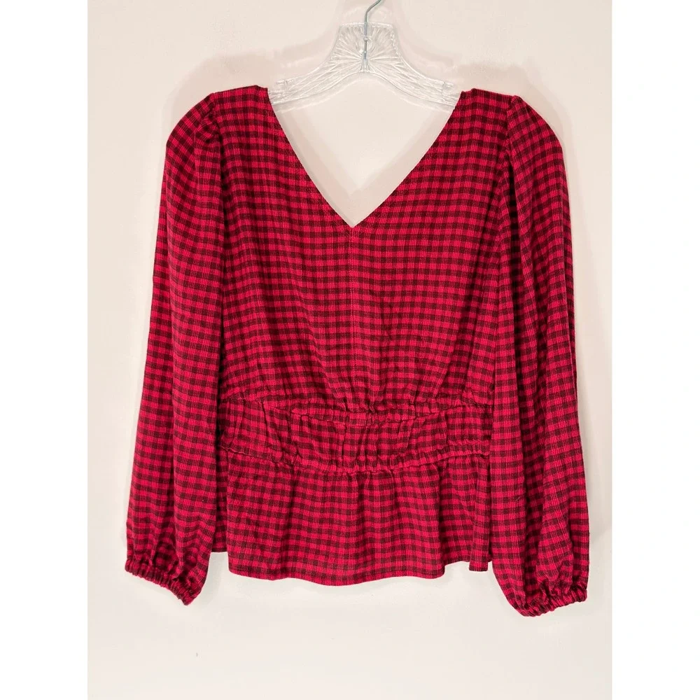 Madewell Crinkled‎ V-Neck Peplum Top Plaid Hibiscus Blouse Crinkled Drapey Small